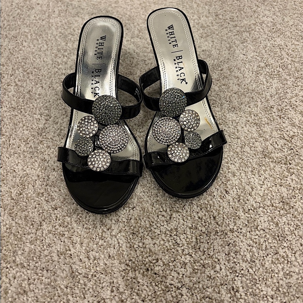 White House Black Market Black Patent Slide Sandals with Rhinestone Discs - NEW